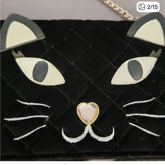 Betsey Johnson Convertible Kitty Cat Velvet Crossbody Bag Black